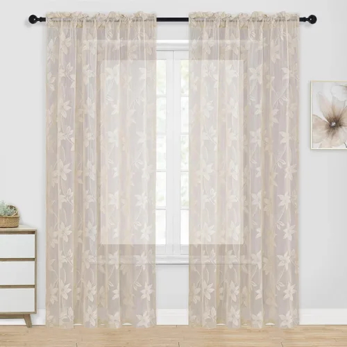 Vista 50 de DWCN Paquete de 2 cortinas traslúcidas pequeñas de encaje floral beige para cocina, cortinas traslúcidas ligeras con bolsillo para barra, cortinas