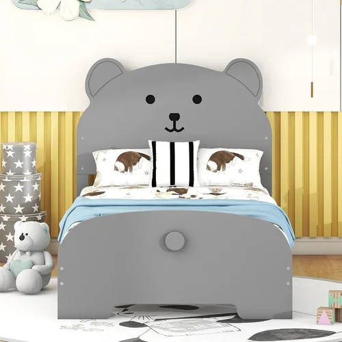 Vista 10 de Quarte Cama de suelo de madera de tamaño individual con cabecera en forma de casa, marco de cama de plataforma de madera para dormitorio,