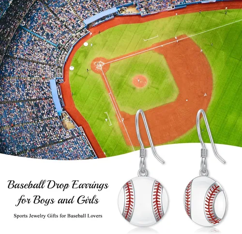 Vista 6 de Aretes deportivos de plata de ley para béisbol, fútbol, voleibol, tenis, baloncesto, aretes colgantes de media bola, aretes de atletas, aretes