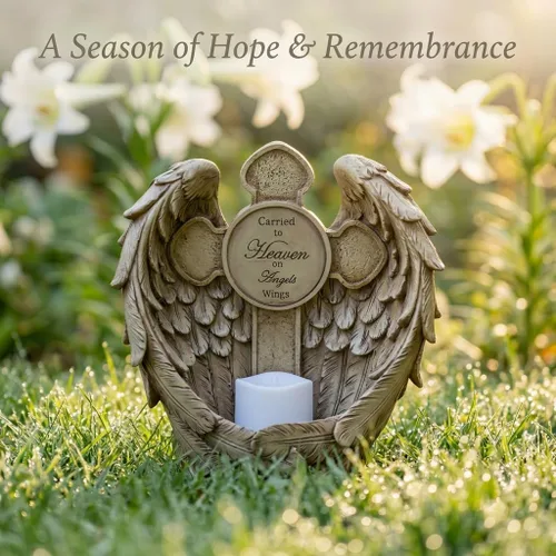 Vista 3 de Estatua conmemorativa de alas de ángel de 12 pulgadas con cruz y vela LED, regalo de condolencia por duelo, decoración de figura de jardín