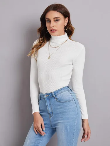 Vista 4 de SweatyRocks Suéter de punto acanalado de manga larga con cuello alto para mujer