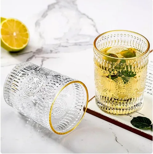 Vista 2 de Juego de 2 vasos vintage de 10 onzas para beber de cristal transparente, bonitas tazas de vidrio con girasol en relieve para café helado, té, jugo