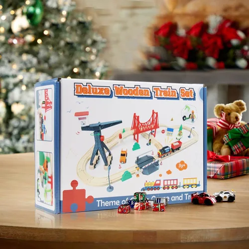 Vista 8 de WOOD CITY Juego de tren de madera, 56 piezas de lujo para niños de 2, 3, 4, 5 años, pista de tren temática de carga con grúa torre y puente