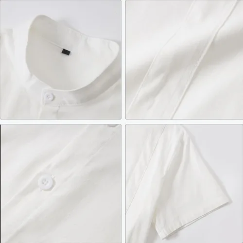 Vista 5 de Camisas de lino de manga corta con botones para hombre, camisas casuales de algodón para playa y verano