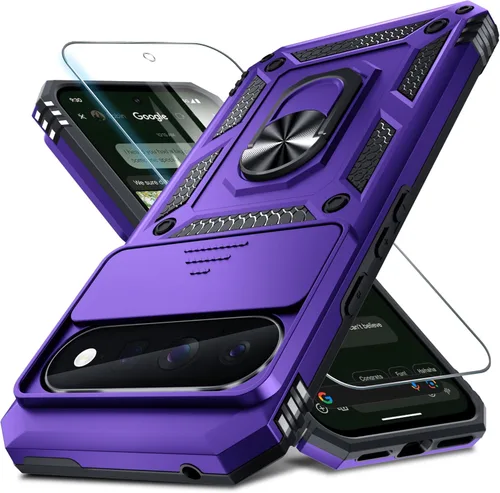 Vista 31 de Funda Janmitta Compatible con Google Pixel 9/9 Pro con cubierta deslizante para lente de cámara incorporada + protector de pantalla + soporte