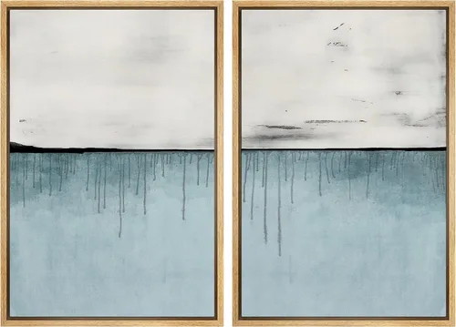 Vista 9 de MUDECOR Lienzo enmarcado para pared, bosque brumoso, reflejos, paisaje tranquilo, ilustraciones modernas, arte decorativo, bohemio, tranquilo/zen