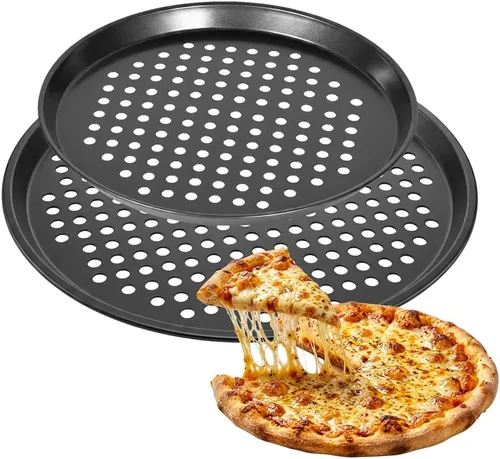 Vista 10 de Sartén redonda de pizza de 10 pulgadas con agujeros, sartenes de acero al carbono para pizza congelada y casera, bandeja de pizza antiadherente