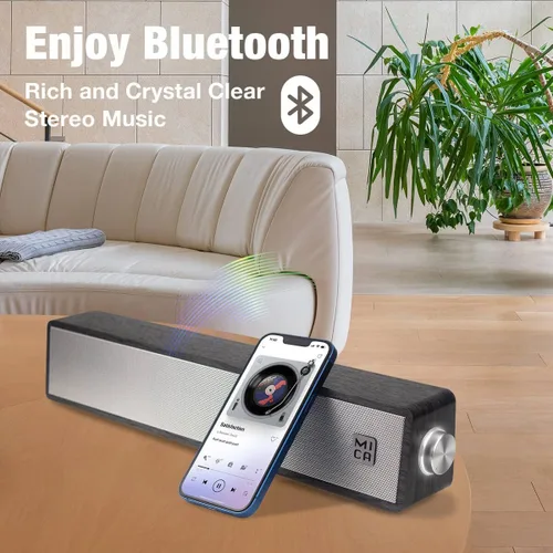 Vista 2 de MICA - Altavoces Bluetooth para computadora, altavoces de PC de madera retro en ángulo, conexión auxiliar de 0.138 in, barra de sonido de Gris