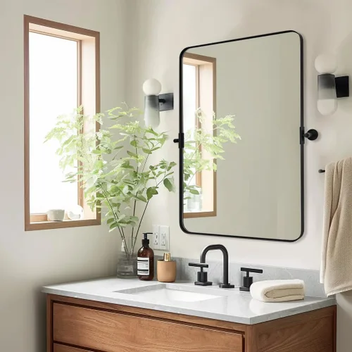 Vista 14 de Espejo giratorio Moon Mirror de oro cepillado, espejo inclinable de latón para tocador rectangular para baño, medidas totales 24.33 x 28 pulgadas