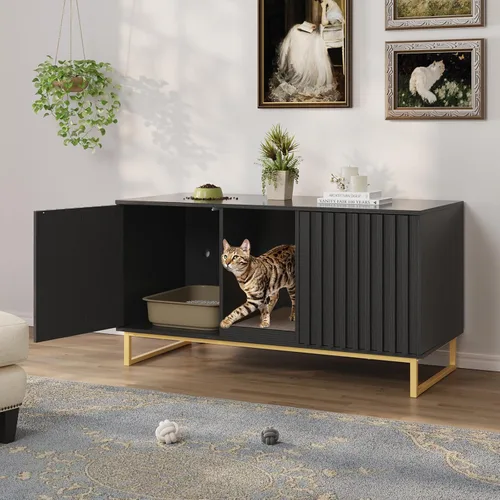 Vista 2 de Caja de arena para gatos para 2 gatos, caja de arena de 47.6 pulgadas, muebles ocultos con almohadilla para rascar, armario grande para habitación