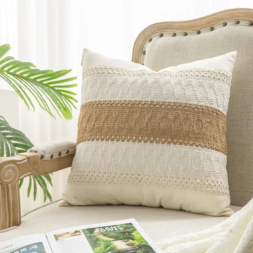 Vista 14 de 1 funda de almohada para sala de estar, algodón y arpillera, estilo bohemio decorativo para el hogar (beige y azul, 16 x 16 pulgadas)