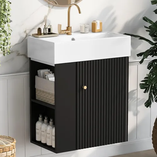 Vista 15 de Harper & Bright Designs Tocador de baño de 21.6" con lavabo, conjunto de tocador independiente de lavabo individual con gabinete de almacenamiento