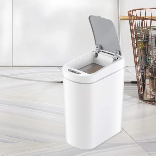 Vista 6 de Cesta de basura de 1.8 galones, impermeable, pequeño cubo de basura de plástico estrecho para baño, bote de basura sin contacto, funciona con 2