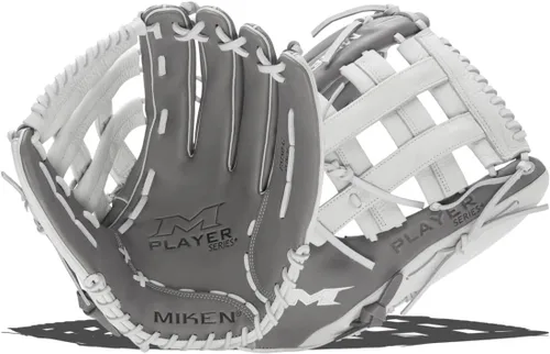 Vista 9 de Miken Player Series+ Infield Outfield Utility Slow Pitch Softball Glove 13” - 15” Size Grey White H-Web Right Hand Thrower Left Hand