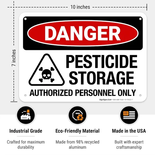 Vista 3 de Danger Pesticide Storage Authorized Personnel Only Sign, 10x7 Inches, Rust Free .040 Aluminum, Made in USA by Sigo Signs