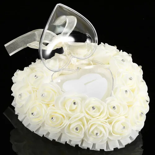 Vista 6 de GOTOTOP Almohada de boda, romántica de encaje de cristal rosa de boda en forma de corazón, cojín con cinta perla ceremonia de boda (blanco lechoso)