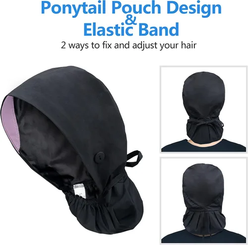 Vista 3 de IRIS CRAFT - Gorra de trabajo ajustable con botón, gorro de trabajo de algodón con banda absorbente de sudor con bolsillo para cola de caballo