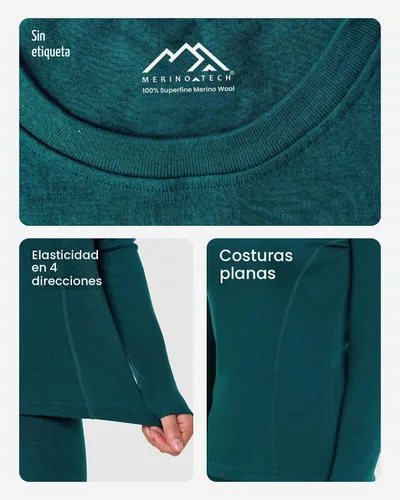 Vista 8 de 100% lana merino capa base mujer - camisa térmica de manga larga con .Negro 250