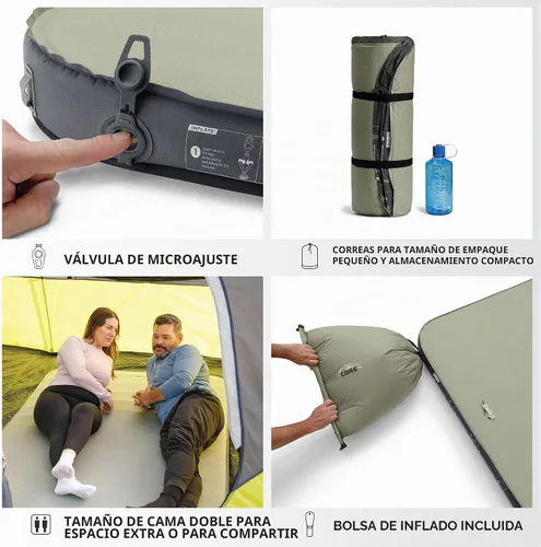 Vista 5 de CORE Cama de campamento doble autoinflable, colchón inflable perfecto para viajes, coche, camping y uso al aire libre, almohadilla inflable rellena