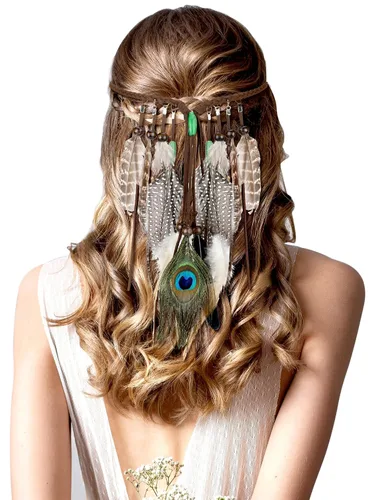 Vista 10 de XunYee - Diadema de plumas, mediana, estilo borla, color beige