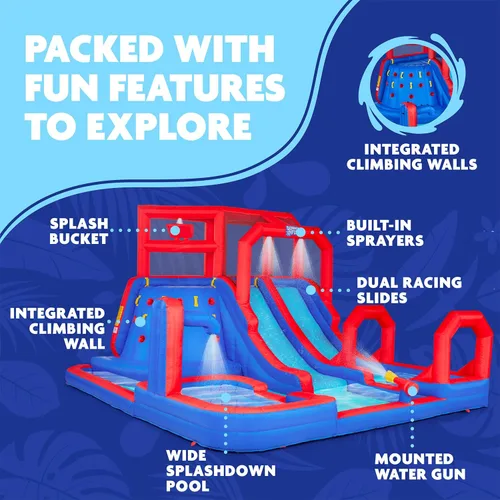 Vista 2 de SUNNY & FUN Mega Climb N' Go - Parque acuático inflable con dos toboganes Heavy-Duty Oxford Blow-Up Water Park for Kids Backyard with Deep Splash