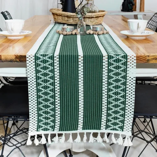 Vista 2 de Camino de mesa de algodón bohemio de 14 x 60 pulgadas, decoración de mesa para cocina o comedor, caminos de mesa tejidos verdes a rayas