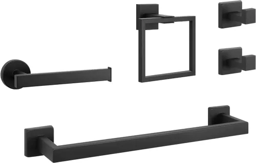 Vista 9 de NearMoon Juego de 5 piezas de accesorios de baño de acero inoxidable 304, juego de toallero cuadrado que incluye toallero de 16 pulgadas + anillo