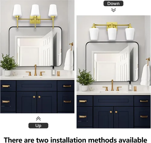Vista 2 de Lámpara de baño de latón cepillado, 3 luces de 24 pulgadas, aplique de pared moderno con pantalla de vidrio para sobre el espejo, clasificación