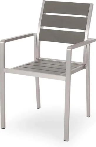Vista 5 de GDFStudio Silla de comedor de aluminio moderna para exteriores con asiento de madera sintética (juego de 2), gris y plateado