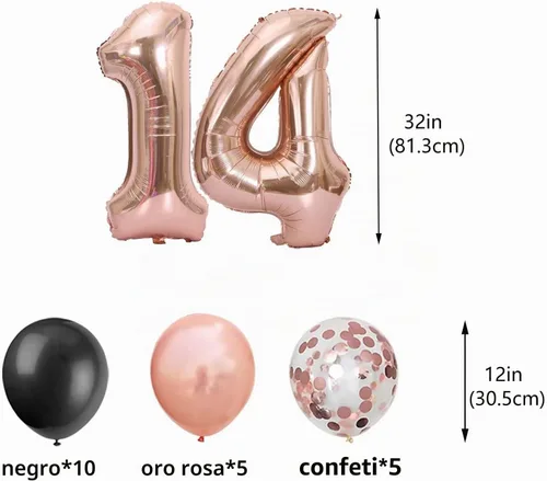 Vista 3 de Decoraciones de cumpleaños número 14: globos de papel de aluminio de estrella con el número 14 de oro rosa, confeti de látex para su fiesta