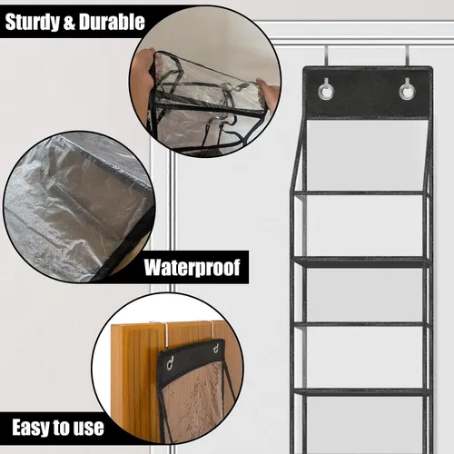 Vista 7 de Organizador de despensa de 5 estantes con bolsillos transparentes, almacenamiento colgante resistente para armario, dormitorio, baño y guardería