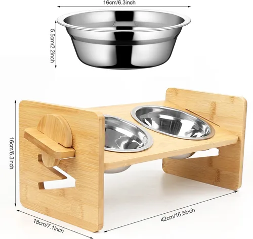 Vista 6 de Cuenco Elevado para Perros, Cuencos Elevados para Perros, Cuenco Inclinado para Mascotas de Agua y Comida, Estación de Alimentación de Bambú