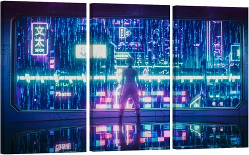 Vista 11 de Lienzo decorativo para pared, diseño de ciudad futurista Cyberpunk para sala de estar, impresión multipanel, obra de arte de cocina, pintura