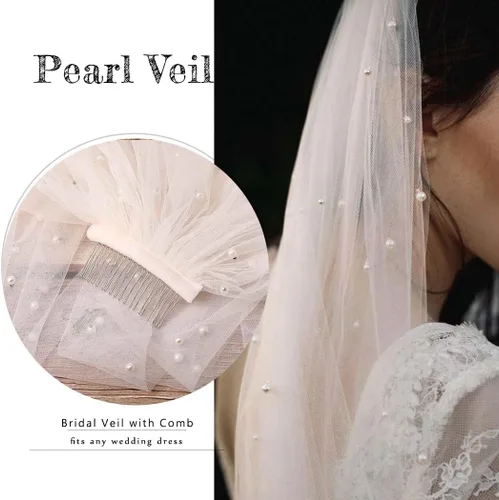 Vista 7 de Velos de novia con perlas y flores, catedral, velo de novia, 118 pulgadas, velos para novias, 1 nivel, longitud de los dedos, peine para el cabello