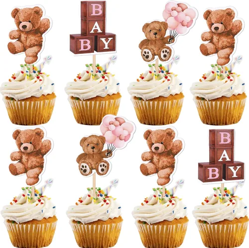 Vista 8 de Rsstarxi Paquete de 24 Adornos para Cupcakes We Can Bearly Wait con Purpurina de Oso para Baby Shower, Palillos Decorativos para Cupcakes