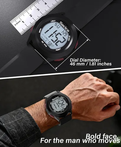 Vista 2 de SOCICO Reloj digital para hombre, deportivo, impermeable, para exteriores, con gran esfera, relojes militares, con cronómetro, luz de fondo, alarma