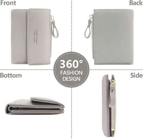 Vista 4 de Huakaile Billetera de cuero plegable con bloqueo RFID para mujer, mini monedero con bolsillo para monedas, con hebilla de cremallera, tarjetero