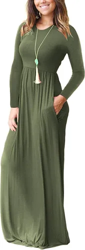 Vista 2 de Vestido de manga larga para mujer, holgado, liso, largo, estilo informal, con bolsillos. 01-verde militar