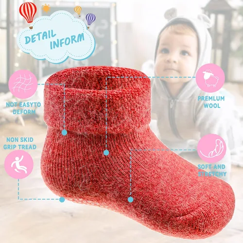Vista 4 de 6 pares de calcetines antideslizantes para bebés y niñas, calcetines cálidos con agarres para niños pequeños, de lana gruesa y suave, para invierno