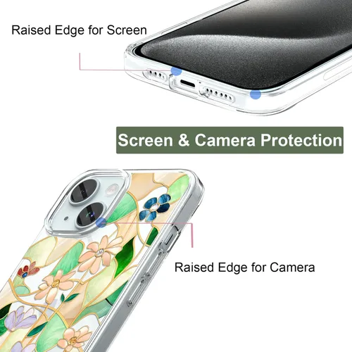 Vista 2 de Unov for iPhone 15 Case, Clear with Design, Slim Fit Good Grip, Embossed Phone Case, Shockproof Protective Cover, Raised Camera Protection, Soft
