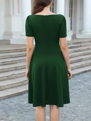 Vista 2 de Elegante vestido vintage de los años 50 con cuello en V y ribete festoneado para mujer, vestido de trabajo casual acampanado con bolsillos 755