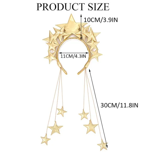 Vista 2 de Yean Diadema de estrella gigante, diadema dorada con halo de diosa, diadema de estrella para festival, tocado hecho a mano para mujeres y niñas