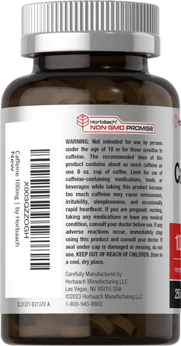 Vista 3 de Horbäach Píldoras de cafeína de 100 mg 250 tabletas Fórmula vegetariana Suplemento sin OMG, sin gluten