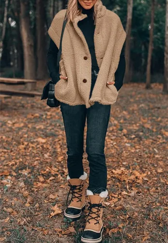 Vista 57 de Hongqizo - Chaleco de forro polar mullido para mujer, casual, de gran tamaño, cálido, con botones, chaqueta de sherpa con bolsillos