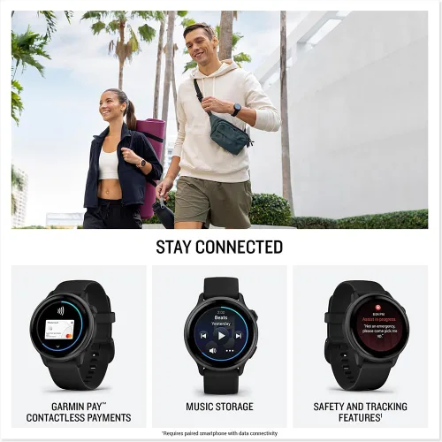 Vista 5 de Garmin 010-02985-00 VIVOACTIVE 6 Reloj inteligente para salud y fitness con GPS, color negro con banda de silicona, paquete con 2 años de protección