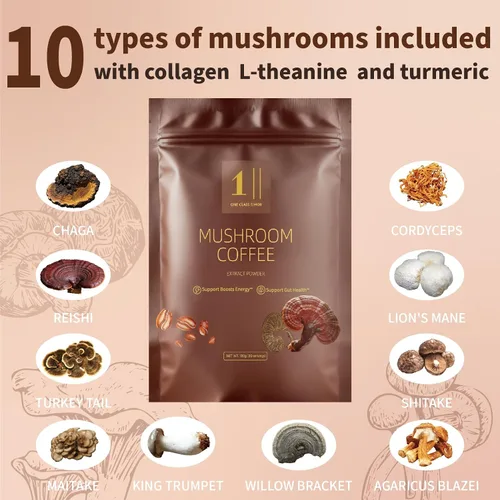 Vista 3 de Café de hongos (30 porciones) Café instantáneo de tostado medio, 10 hongos adaptogénicos con colágeno alimentado con hierba, chaga, cordyceps