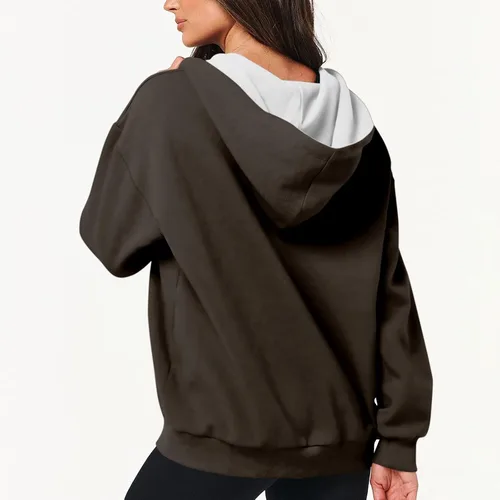 Vista 5 de Sudaderas con capucha y cremallera completa para mujer, manga larga, lisas, con capucha, ajuste holgado, casual, a la moda, para otoño