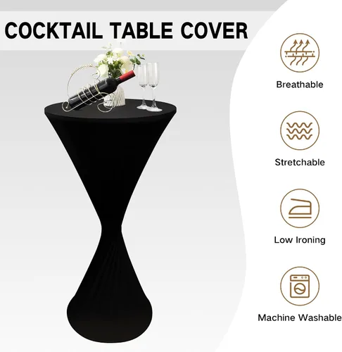 Vista 5 de Cubierta de Mesa de Cóctel Redonda Ajustada de 24x43 Pulgadas Mantel de Mesa de Cóctel de Elastano Negro Mantel Ajustado Highboy Manteles de Mesa