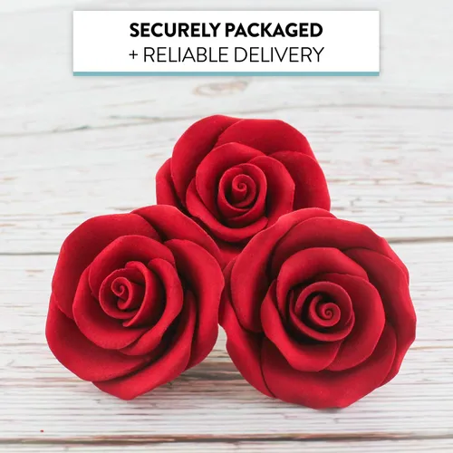 Vista 4 de Rosas de azúcar (12 unidades, grandes de 2 pulgadas) – Flores de goma de mascar con alambre con cáliz, rosas rojas para decoración de pasteles, por