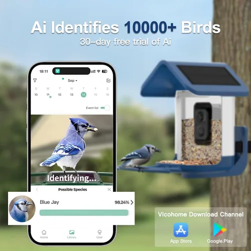 Vista 5 de Comedero para pájaros con cámara alimentado por energía solar: Comedero inteligente para aves con cámara de alimentación en vivo de 2K